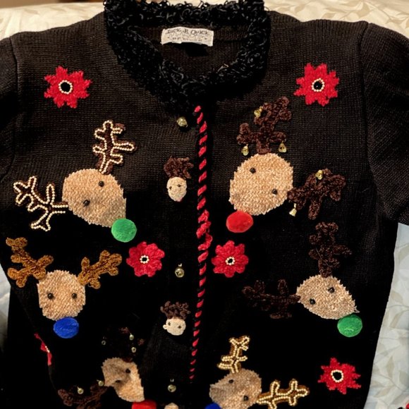 Jack B Quick Petite Christmas Black Cardigan Sweater PS Reindeer Jingle Bells - Picture 1 of 12